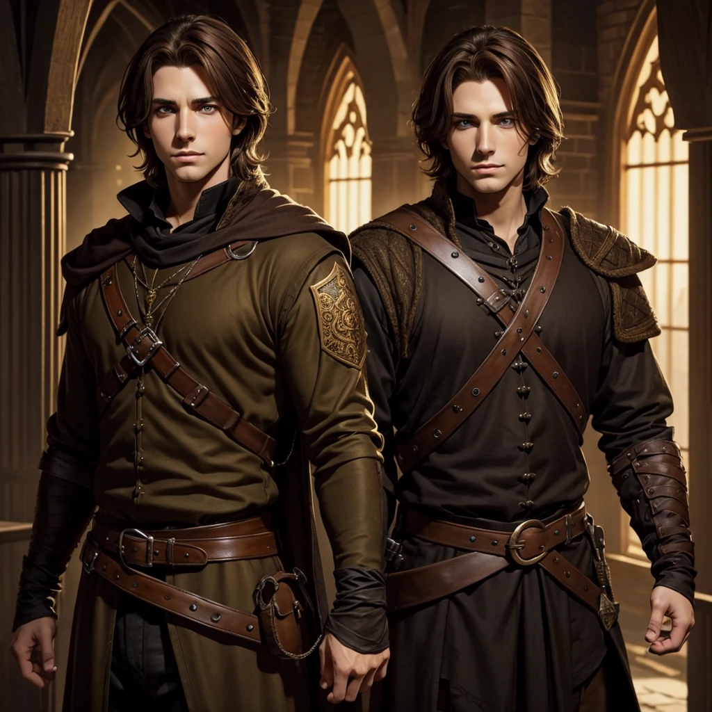 Brown medium hair, male, handsome, young, medieval, d&d, gothic, yellow eyes