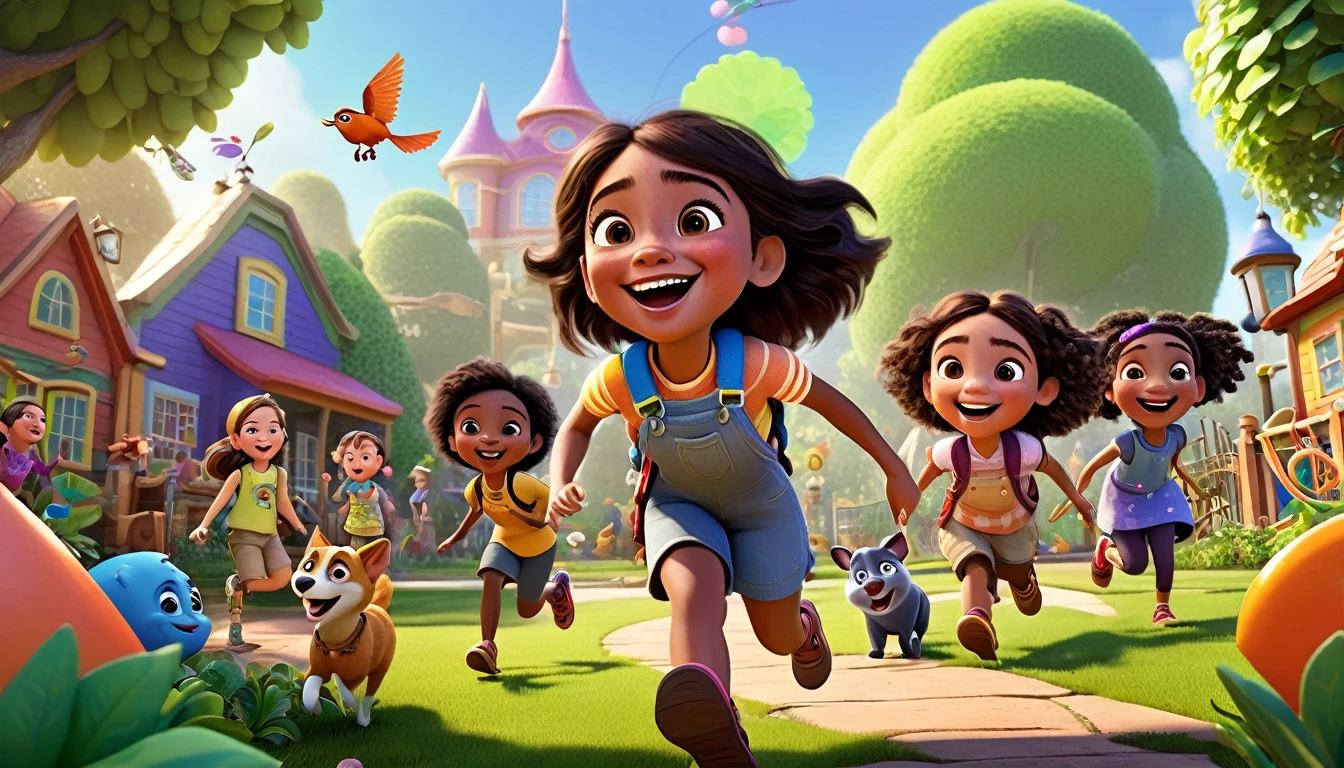 "A vibrant, animated scene in a 3-D Pixar style featuring Arya, a cheerful Black , playing and exploring with friends in a colorful, fun-filled environment. There are playful animals, interactive learning elements like shapes and books, and various outdoor activities like a playground, nature trails, and a garden. The atmosphere is lively and joyful, with Arya and her friends smiling, laughing, and having fun every single day. The background is bright and full of excitement, capturing the spirit of exploration and play.