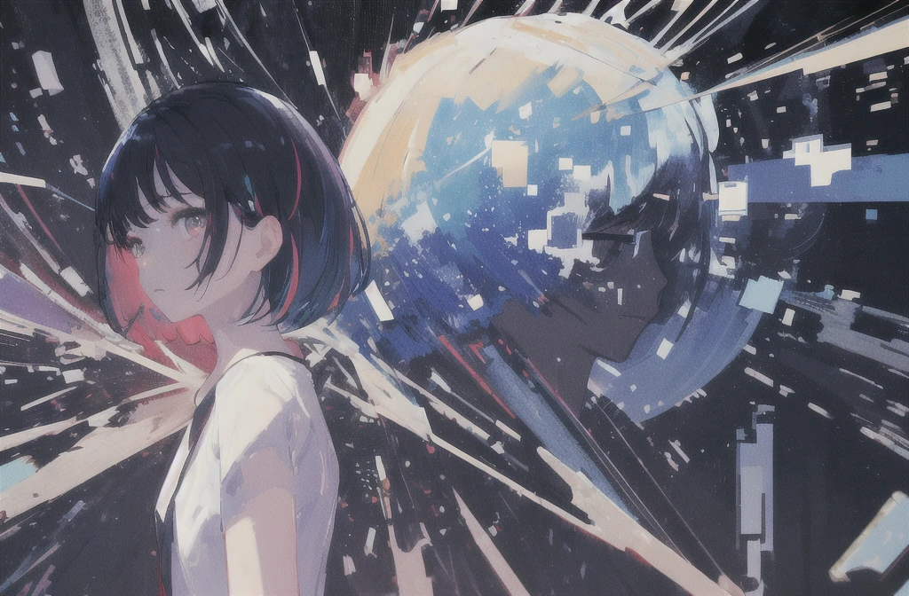 masterpiece, Highest quality, (Alexio:1.5), (Brush strokes, oil \(Moderate\):0.9), Night Sky、nebula、whole body、A girl with a short bob hairstyle, (Monochrome:0.6), Abstract, Abstract background, Black Theme, Backlight, Portraiture, (Blurred:1), (Glitch:1.1), eye