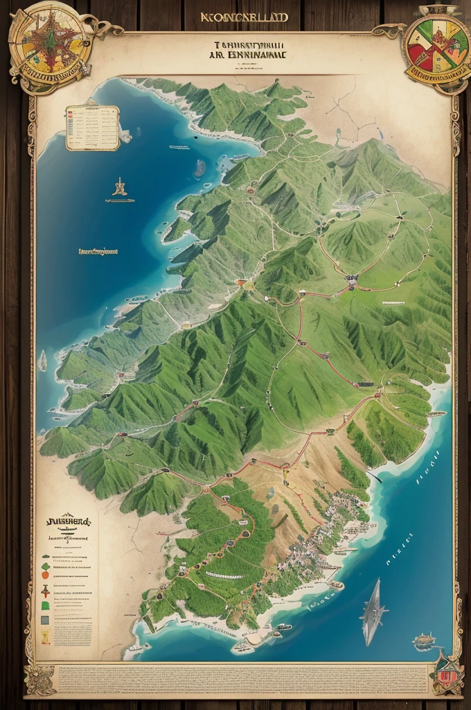 A large map of 4 kingdoms, Your names are (kingsland, nortevale, denarii and tuking) king sland is in the middle of the map, Nortevale is on top of the map Denários is below Kingsland and tuking is below Kingsland, artistry, detailed with forests mountains