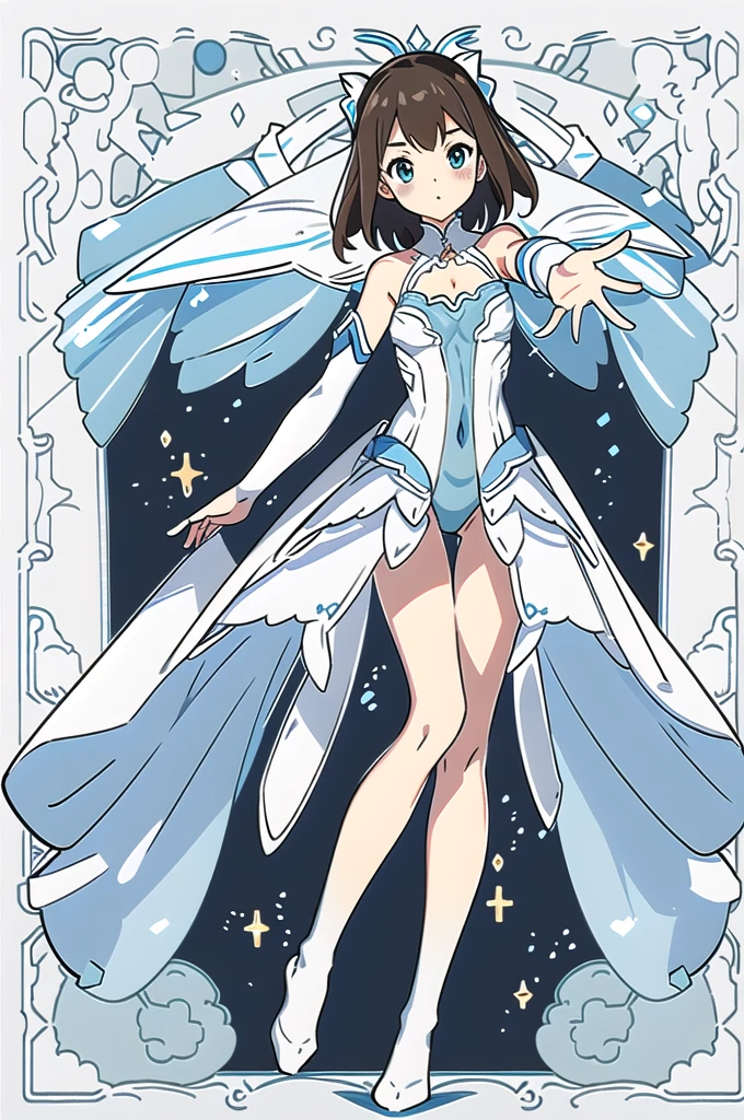 ((masterpiece、Highest quality、8K、Light blue leotard、Hime cut、White background))、(whole body、With legs apart、Arms outstretched、Are standing)、Character Design、One beautiful girl、White and light blue costume、Magical girl、Brown Hair、Flat Chest、slender、Calf Socks、Perfect hands、Perfect legs、Perfect body