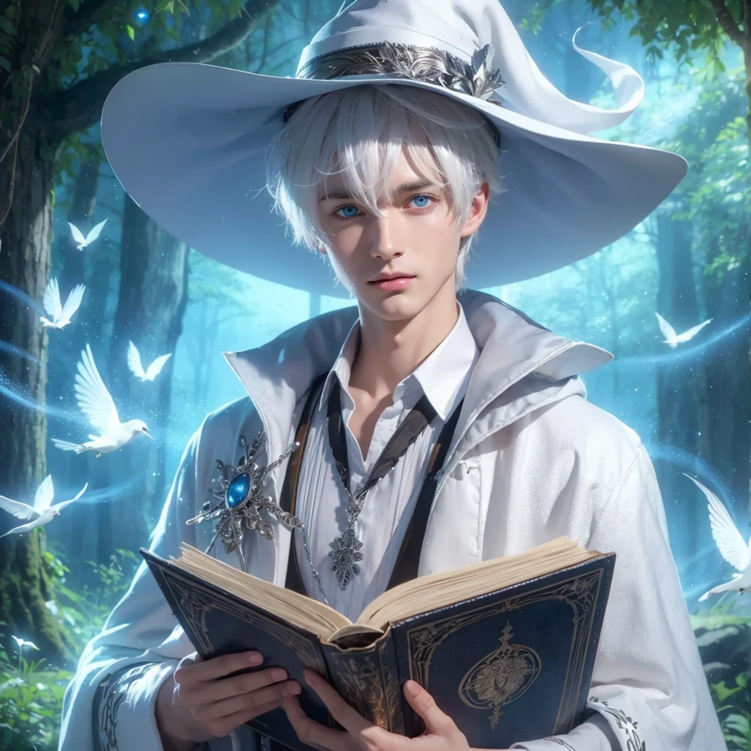 Handsome boy, white hair, blue eyes, wearing white witch hat, wearing white witch clothes, holding a white magic book, magic forest background