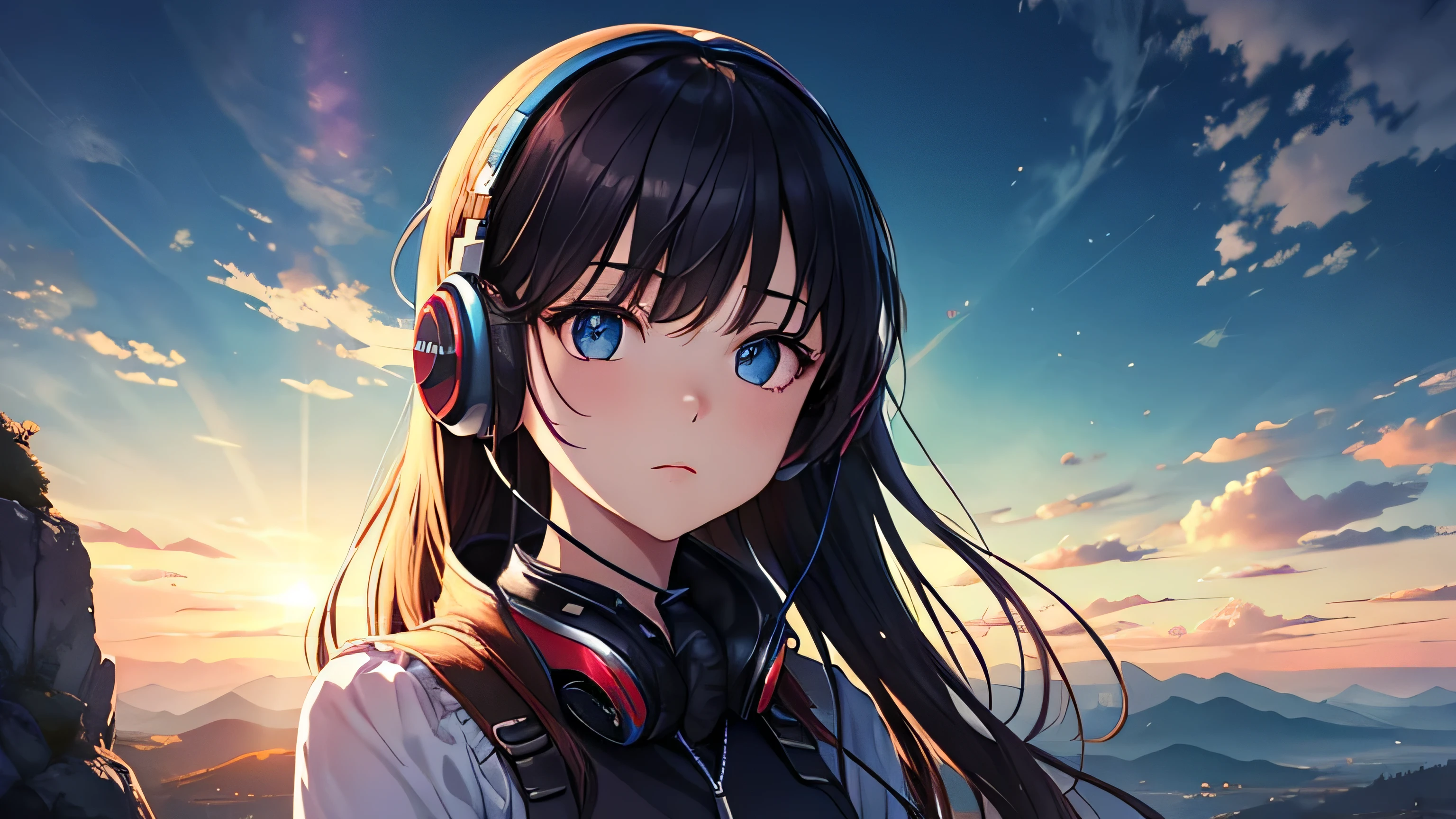 Absurd, High resolution, (Official Art, beautifully、aesthetic:1.2), Bright Sky, A vast world, girl, Wear headphones, stare, Awe-inspiring expressions, Distant Horizon, cloud, High Hill, Natural Beauty, Inspiration, Light effects,