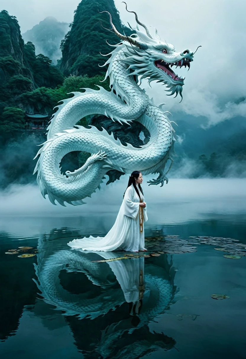 White Chinese dragon looking down on a woman over a misty lake. cloud, Thick Fog, Symmetrical Configuration, A woman in a white robe walks on the lake and looks at a dragon, Full of mystery, close