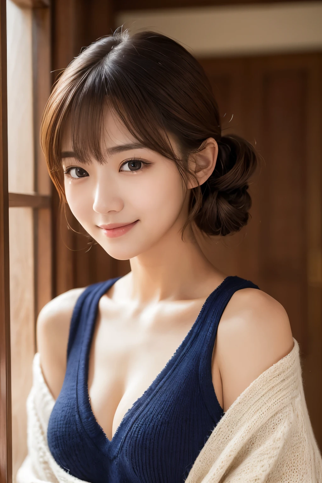 (masterpiece:1.3), (8K, Photorealistic, Raw photo, Best image quality: 1.4), Japanese schoolgirl、(Random Hairstyles:1.2)、Cleavage:1.3、Super detailed face、Attention to detail、double eyelid、Put your chest together、Sharp focus:1.2、Beautiful woman:1.4、Light brown hair、Highest quality、masterpiece、Ultra-high resolution、(Photorealistic:1.4)、Highly detailed and professionally lit smile、Loose, lightweight knitwear、Shoulder out、thin、Serious expression、Short-haired、Deadly position、The areola is visible、Nipples are visible