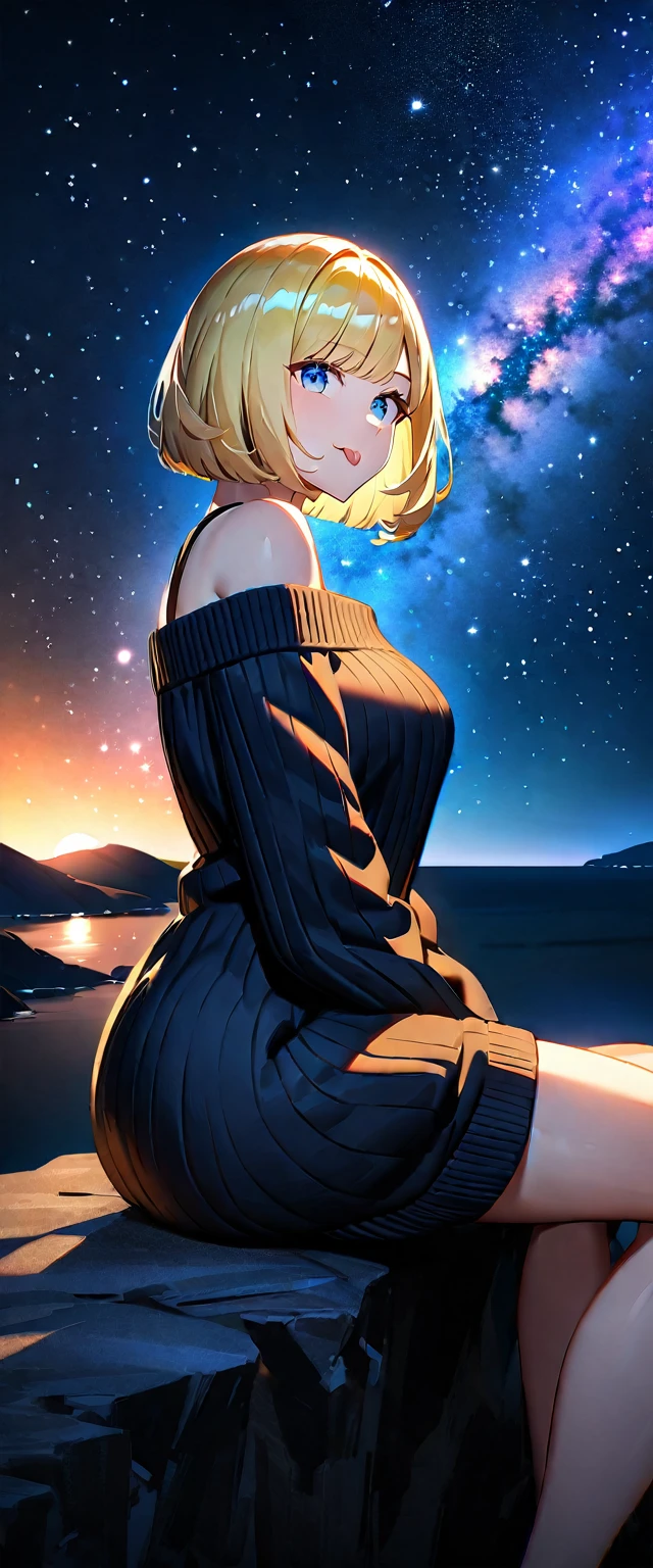 ((stick out tongue)), (((focus on face))), ((((from side)))), ((Leaning to side)), (((a beautiful starry sky, the Milky Way shining beautifully in the night))), ((off-shoulder sweater:1.3, Quite thick shoulder straps)), ((black sweater)), ((Aran sweater)), ((sitting on the very high cliff)), wavy hair, inward curled hair, sea, ((blond hair, bob cut:1.3)), breasts, teenager, (looking at viewer), oversized clothes, puffy long sleeves, collarbone, head tilt:1.3, (((blue eyes))), happy smile, (((anime style))), (best quality, 4K, 8K, highres, masterpiece:1.2, ultra-detailed, ultra-detailed eyes, HDR, uhd, studio lighting, ultra-fine painting, sharp focus, physically-based rendering, extreme detail description, professional, vivid colors, bokeh)