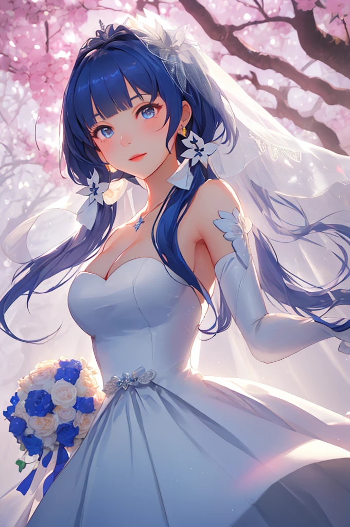 ((illustrious_azurlane)):1.5, ((masterpiece,Highest quality,Highly detailed images,Beautiful images、Dutch Angle)), (In front of the cherry tree、Close-up image of yaemiko、Overall dim lighting、Backlight、Strong backlighting、Fantastic dark atmosphere、Thick Fog、Dust flutters),(Dynamic pose)1.2, Beautiful cleavage、Wedding dress:1.4
