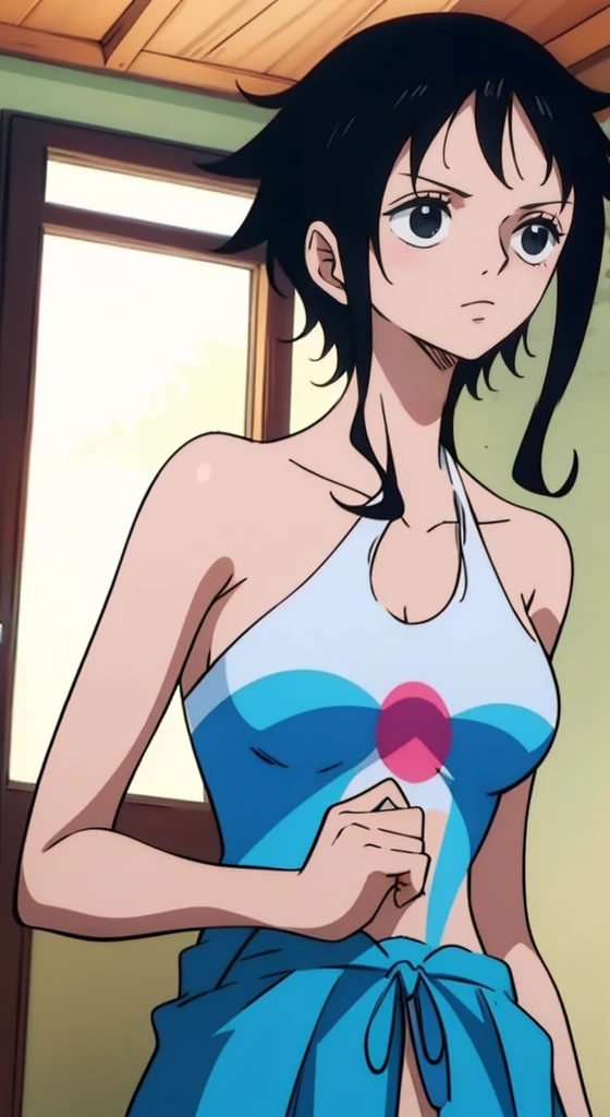 A girl with black curly hair, dark skin, black eyes and the name Mayza Hasaua, naked in front of a boy with black hair, black eyes, white skin, with the name Luffy, from the room