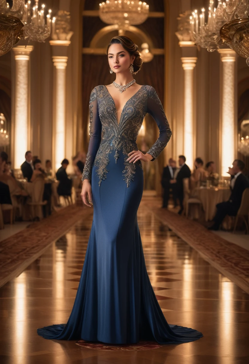 Full length,"A young woman in an elegant, long-sleeved evening gown attending a formal event. She is wearing a uniquely designed and beautiful dress, complemented by luxurious jewelry and accessories. The background features a grand and lavish hall with warm, inviting lighting, showcasing a scene of splendor and beauty."