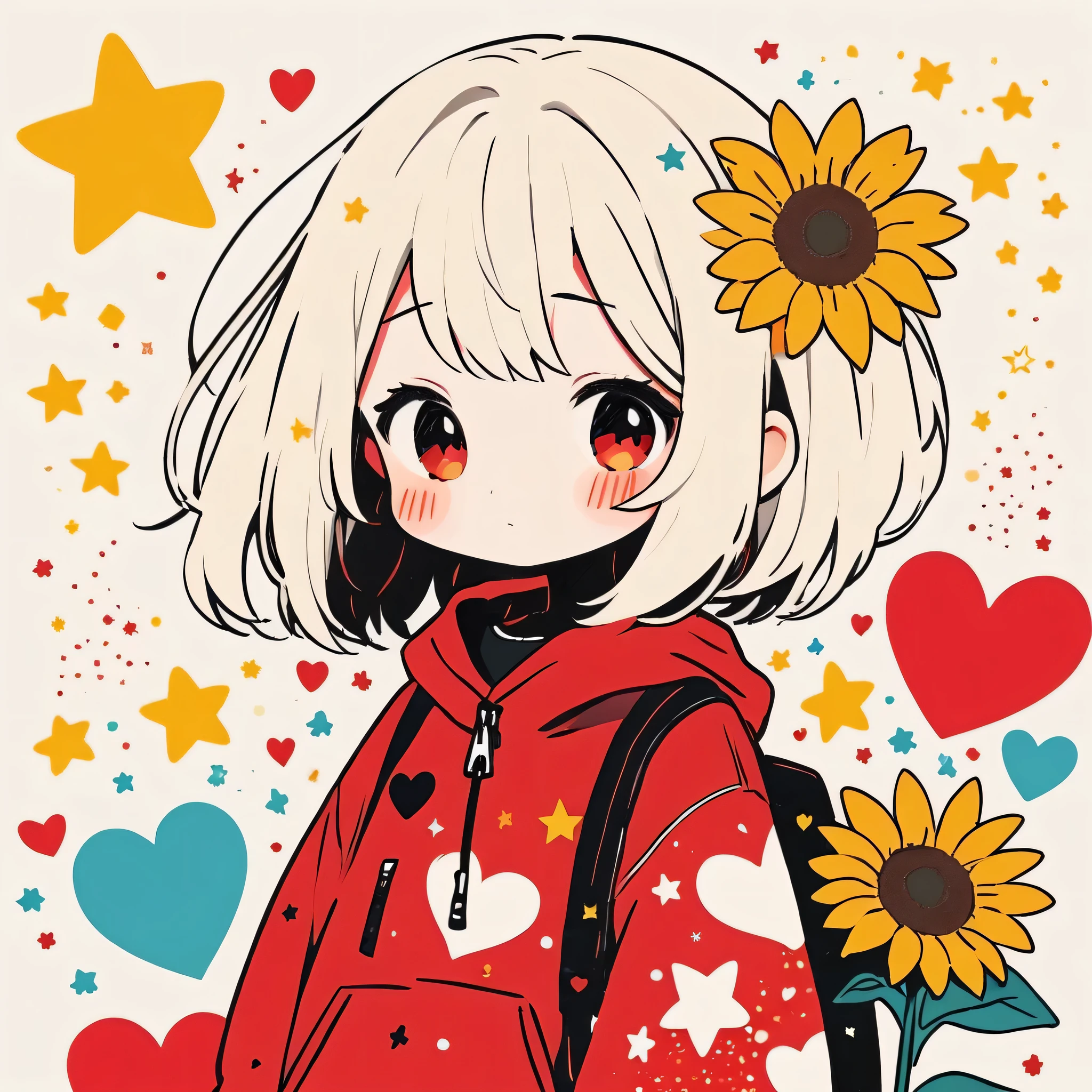 Black Star Red and White style, Simple Line Initialism，Abstract art，Kawaii Design, The most beautiful girl of all time、chibi, The background is star dust, colorful hearts, sunflowers, 