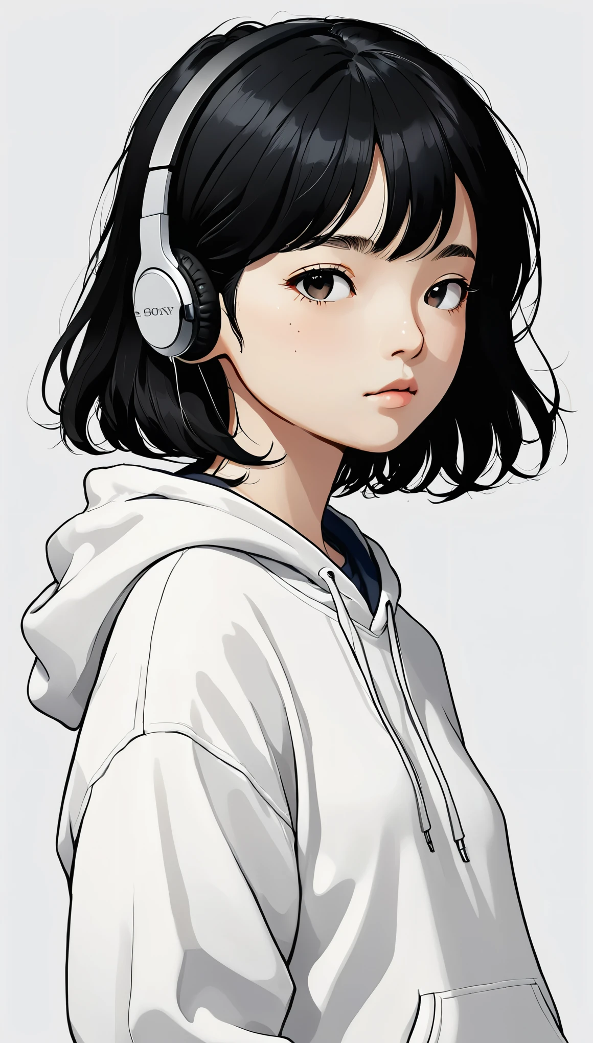Headphones、Sony、Black Hair、Bob、Close ~ eyes、White hoodie、Upper Body、Simple Background、Girl、