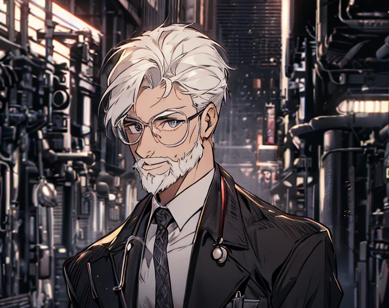 a man, doctor, white hair, white beard, glasses, black eyes, smiling, 49 years old, muscular, white coat, white dress shirt, black tie, in the hospital