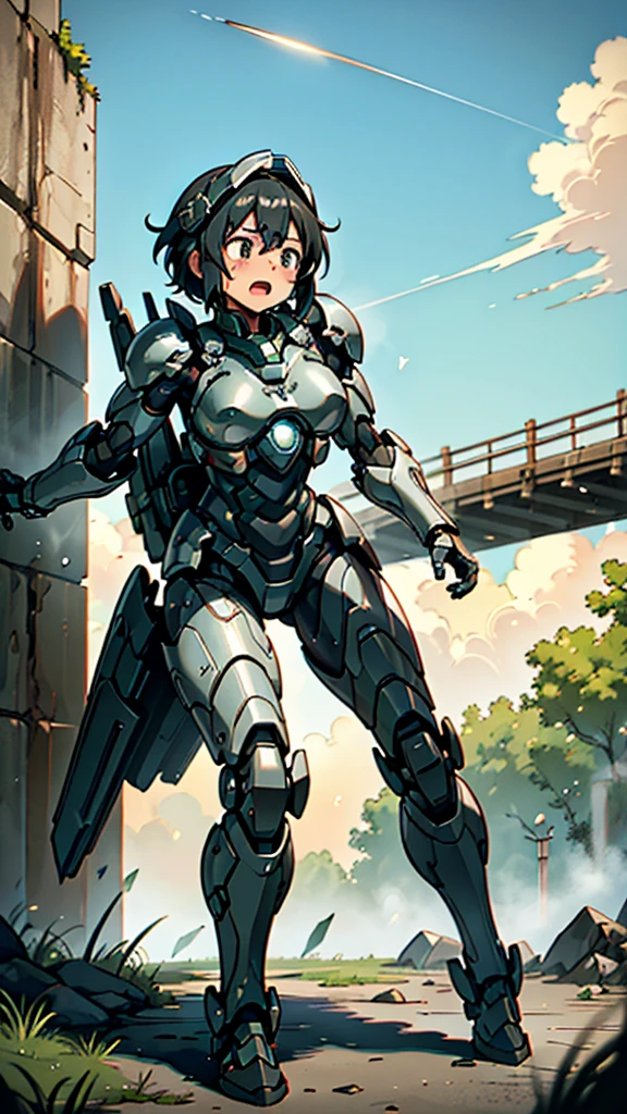 Textured skin, Very detailed, Attention to detail, high quality, 最high quality, High resolution, 1080P, hard disk, beautiful,(War Machine),beautifulサイボーグ女性,Mecha Cyborg Girl,Battle Mode,Girl with a mechanical body　Black Hair　Short Hair Boyish　Dark green armor　Sweaty and wet face　(Hitting a wall)(The headgear breaks and flies away)　(Flying debris)Steam coming out of my head　Steam coming out of the whole body　Painful expression　Hollow Eyes　Please open your mouth wide　Snug-fitting headgear　Black Inner Suit　Full body portrait　（front）