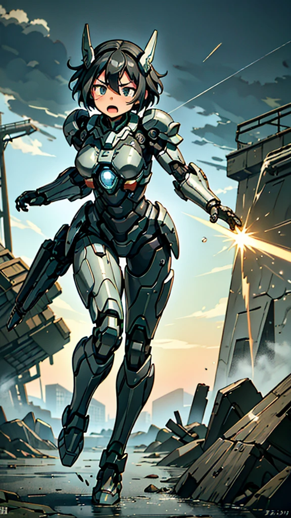 Textured skin, Very detailed, Attention to detail, high quality, 最high quality, High resolution, 1080P, hard disk, beautiful,(War Machine),beautifulサイボーグ女性,Mecha Cyborg Girl,Battle Mode,Girl with a mechanical body Black Hair Short Hair Boyish Dark green armor Sweaty and wet face (Hitting a wall)(The headgear breaks and flies away) (Flying debris)Steam coming out of my head Steam coming out of the whole body Painful expression Hollow Eyes Please open your mouth wide Snug-fitting headgear Black Inner Suit Full body portrait (front)