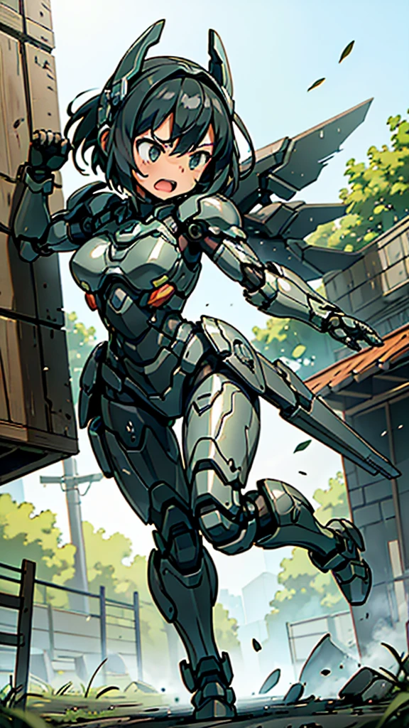 Textured skin, Very detailed, Attention to detail, high quality, 最high quality, High resolution, 1080P, hard disk, beautiful,(War Machine),beautifulサイボーグ女性,Mecha Cyborg Girl,Battle Mode,Girl with a mechanical body　Black Hair　Short Hair Boyish　Dark green armor　Sweaty and wet face　(Hitting a wall)(The headgear breaks and flies away)　(Flying debris)Steam coming out of my head　Steam coming out of the whole body　Painful expression　Hollow Eyes　Please open your mouth wide　Snug-fitting headgear　Black Inner Suit　Full body portrait　（front）