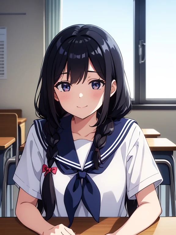 1girl, sitting, gentle smile, 15yo,
classroom, indoors, school chair, school desk,
(low twintails), low pigtails, black hair, very long hair,
serafuku with blue ribbon, navy-blue collar,
(dark brown eye),
school,
afternoon, summer,
from front, upper body,
anime, high brightness, detailed face, detailed eyes,
(high quality, ultra detailed, masterpiece, FHD)