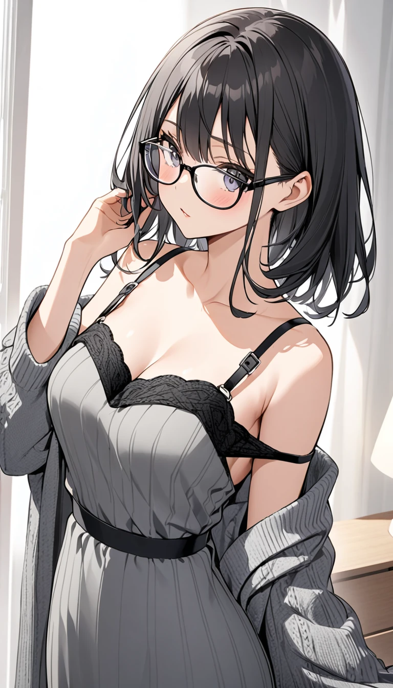 short、Black-rimmed glasses、Grey knit off-shoulder maxi dress、Black bra straps on shoulders