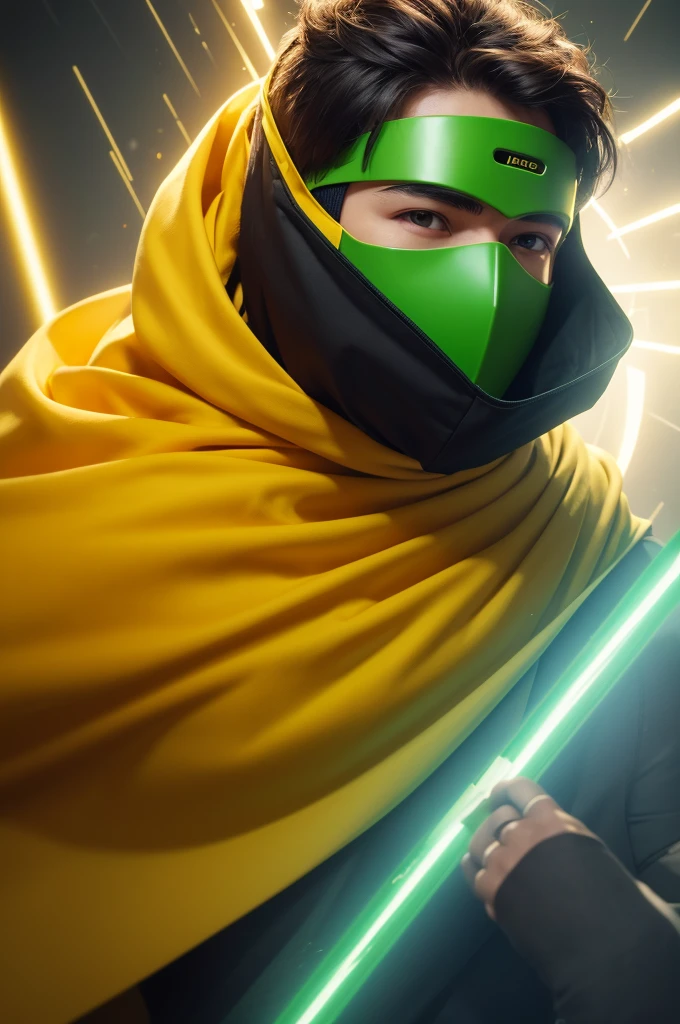 Hero with the power of time Without a cape, yellow clothing with green details And a mask covering his entire face