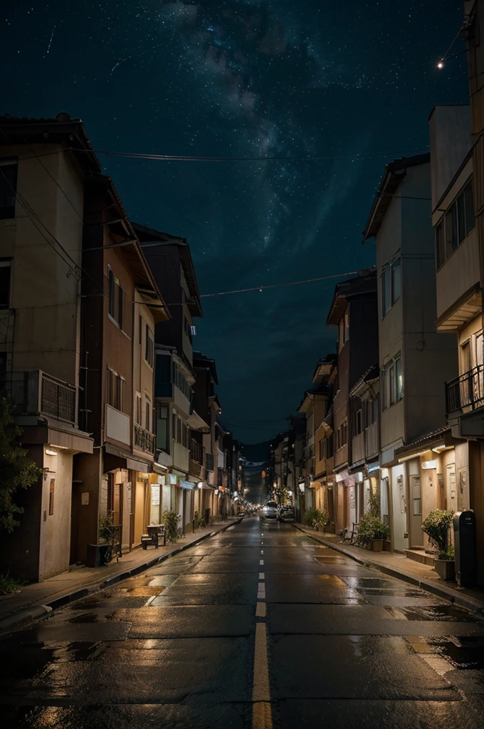 On a quiet residential street in Japan，Night falls，The street is surrounded by a peaceful atmosphere。Street lights are neatly arranged on both sides of the road，Gives off a soft glow，Illuminating the wet road and the motorcycles parked on the roadside。The halo of each street lamp forms a warm circle of light on the ground，Reflecting the reflections on the metal body of the motorcycle。

The residential streets are lined with neat houses.，The small courtyard in front of the door is full of flowers and plants。Warm lights shine through the windows of several houses，It gives a warm feeling。Occasionally, there are still washed clothes hanging on the balconies of a few families.，Swaying gently in the wind。

Clear sky，Starry Sky，The light of the stars and the light of the street lamps shine together，It forms a quiet and beautiful night scene。Tall lamp posts with wires tangled around them，Extending to the distance，As if drawing black lines in the night sky。Occasionally there is a breeze，Rustling leaves，Adds a touch of movement to the quiet night。

There are almost no pedestrians on the street，Only the occasional passing vehicle broke the brief tranquility.。The lights of the vehicles streaked across the road.，Soon disappeared in the distance。Motorcycles parked quietly on the street，As if waiting for their owner to return.。

The whole street looks particularly peaceful and beautiful under the starry sky.，People can't help but stop，Enjoy this rare tranquility and beauty。The cool breeze of the night brushes my cheeks，Bring a refreshing breath，It seems to be telling the night story of this city.