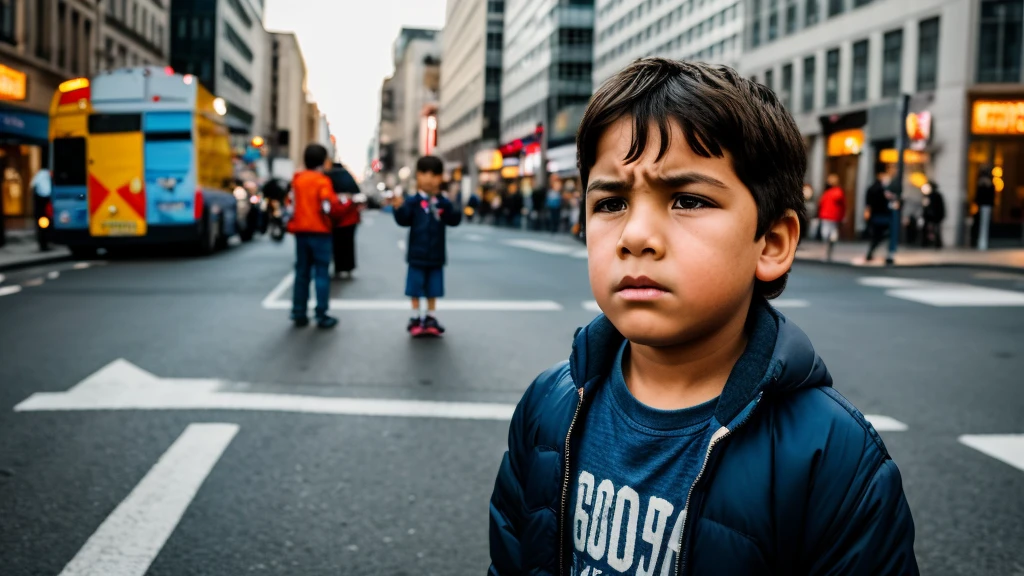 an 8 year old boy with a sad face in the middle of a busy street