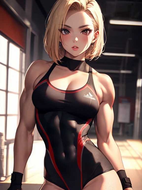 muscle, Beauty, leotard, Athlete, android18Number, (masterpiece), highest quality, 1girl, uhd, retina, masterpiece, ccurate, anatomically correct, textured skin, super detail, high details, high quality, best quality, highres, 4K