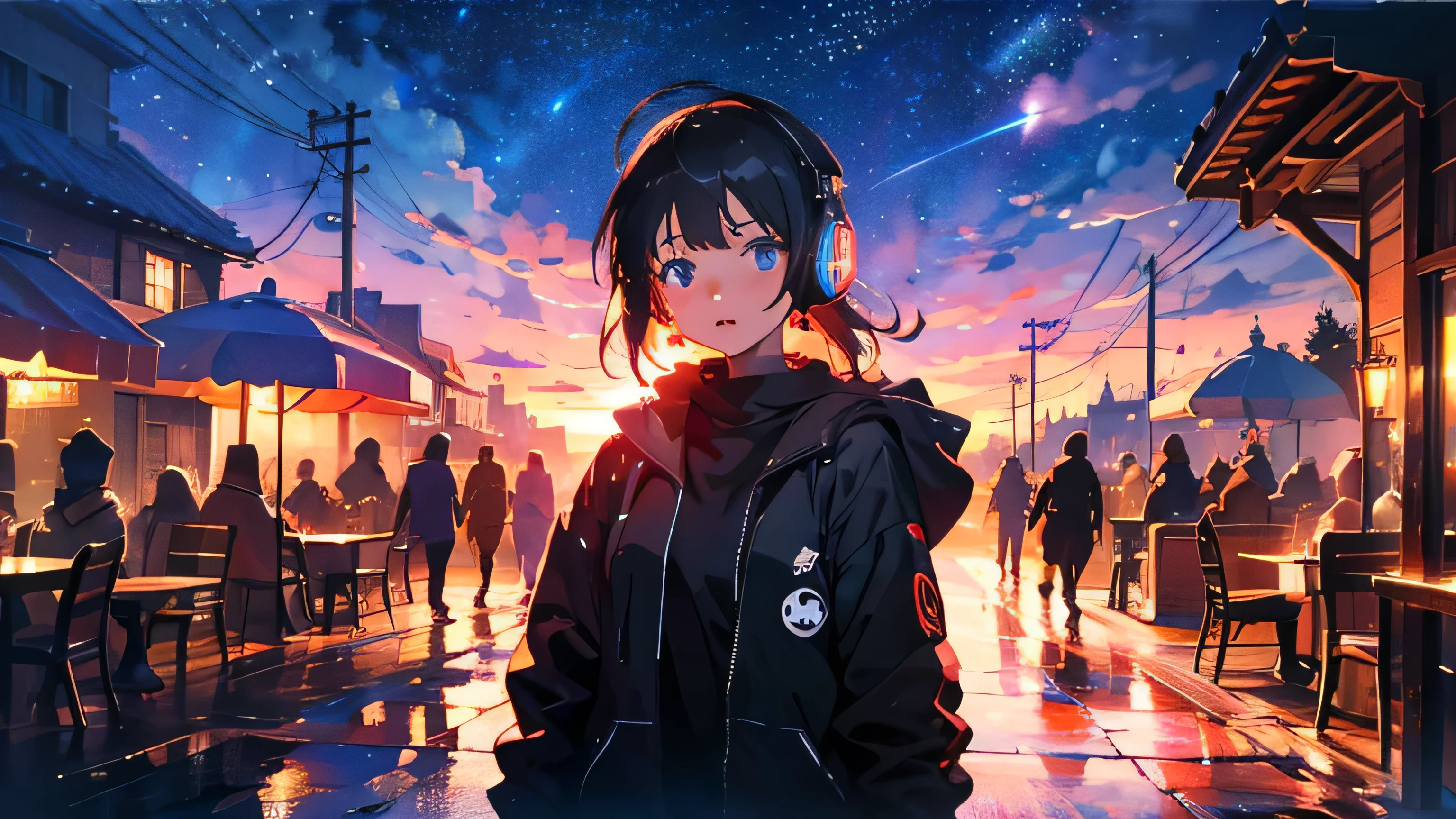 Absurd, High resolution, (Official Art, beautifully、aesthetic:1.2), Close-up, Bright Sky, A vast world, girl, Wear headphones, stare, Awe-inspiring expressions, Night Cafe, Starry Sky, neon, Natural Beauty, Inspiration, Light effects,