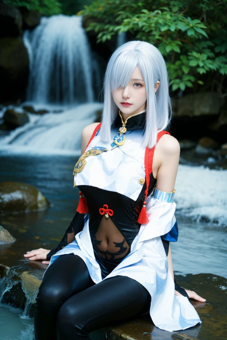 best quality, tmasterpiece,Ultra-high resolution,Clear face,(Reality:1.4),ferpect lighting,(upper body photo), (photorealistic:1.50), anime wallpaper, Guviz style artwork, cover-up fantasy up to magic , by Yang J, Guviz, beautiful artwork illustration, beautiful digital artwork, beautiful digital illustration, Li Song, beautiful anime portrait, art style in Beauvot, 1girl,独奏,pale skin,perfect body,glossy skin,hitman,shenhe \(genshin impact\),(hair above one eye),long hair,tassel,gloves,breast curtain,(black bodysuit),bodysuit,earrings tassel, (super giant breasts: 1.3), white hair, (hair decoration), A very beautiful girl happily bathes near a clear and cool waterfall, River, Water, In the water, Sitting underwater,