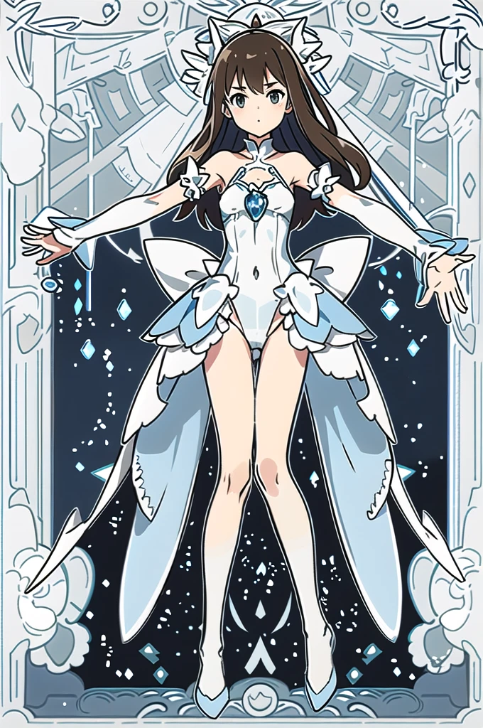((masterpiece、Highest quality、8K、Light blue leotard、Hime cut))、(whole body、With legs apart、Arms outstretched、Are standing)、Character Design、One beautiful girl、White and light blue costume、Magical girl、Brown Hair、Flat Chest、slender、Calf Socks、Perfect hands、Perfect legs、Perfect body