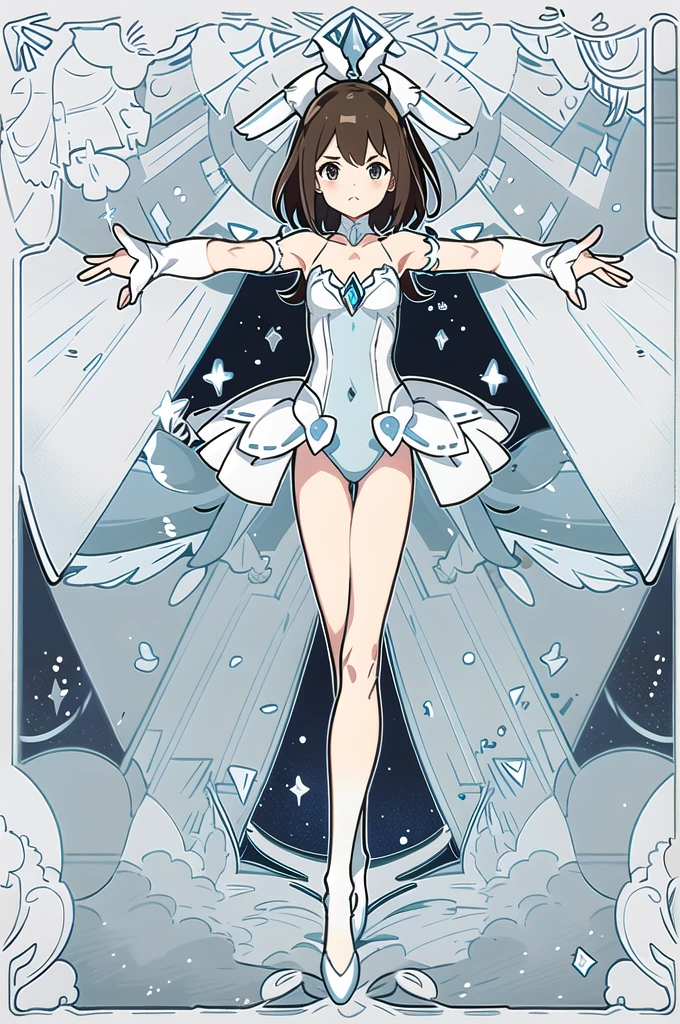 ((masterpiece、Highest quality、8K、Light blue leotard、Hime cut))、(whole body、With legs apart、Arms outstretched、Are standing)、Character Design、One beautiful girl、White and light blue costume、Magical girl、Brown Hair、Flat Chest、slender、Calf Socks、Perfect hands、Perfect legs、Perfect body