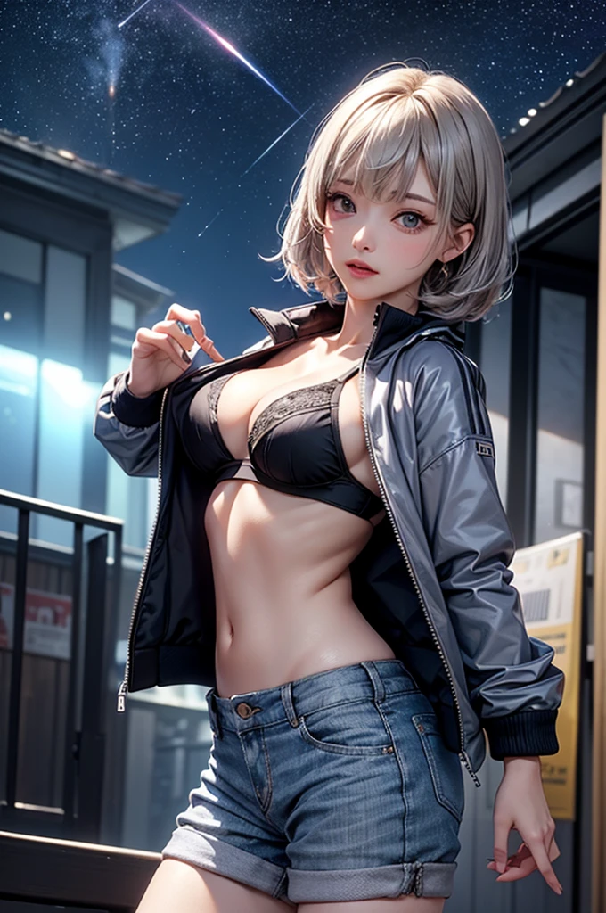 (masterpiece:1.5, Highest quality, Very detailed、 Dutch Angle、Realistic、2.5D、Realistic)(One Girl, Sports Girl, cutegirl)(Grey Hair:1.6,,short hair)(Sports Bra、Jacket:1.5、Shorts、肩にJacketをかける)、((medium breasts, Beautiful cleavage,underboob))(from backside),(Beautiful starry sky、Mystical Night、Particles of light float around the woman、Fantastic space、Looking down on the building)
