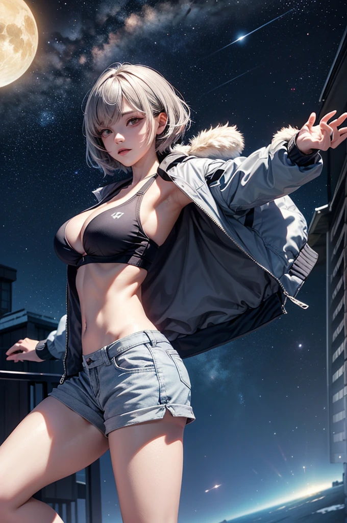 (masterpiece:1.5, Highest quality, Very detailed、 Dutch Angle、Realistic、2.5D、Realistic)(One Girl, Sports Girl, cutegirl)(Grey Hair:1.6,,short hair)(Sports Bra、Jacket:1.5、Shorts、肩にJacketをかける)、((medium breasts, Beautiful cleavage,underboob))(from backside),(Beautiful starry sky、Mystical Night、Particles of light float around the woman、Fantastic space、Looking down on the building)
