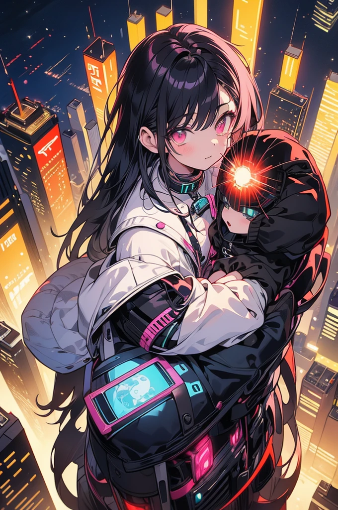 Highest quality, masterpiece, Ultra-high resolution,A man and two women standing on top of a building overlooking the city at night,Neon Town, cyber punk vibe, cyber punk art style, cyber punk vibes, digital cyber punk - anime art, cyber punk themed art, cyber punk anime art, digital cyber punk anime art, in cyber punk style, cyber punk artstyle, has cyber punk style, anime cyber punk art, in cyber punk city, cyber punk art, cyber punk))), cyber punk style, style of cyber punk
