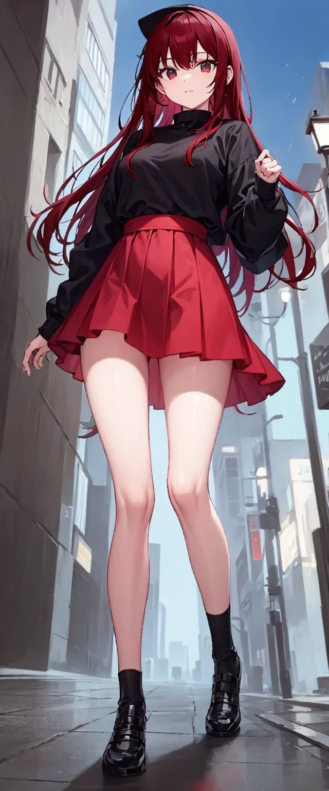 cool, standing, red and black clothes, looking at viewer, outdoors, mid night, street lamps, from front
