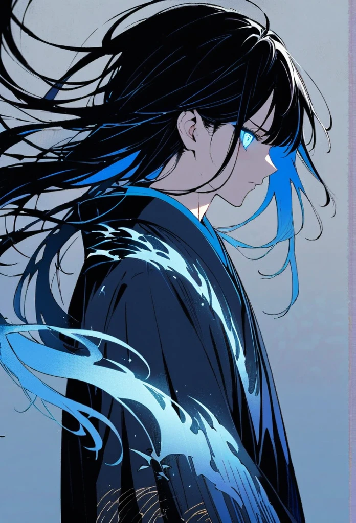 Japanese。male。Sharp Eye。Very long black hair。profile。Plain blue kimono(Dressed in kimono)。A strong wind blows my hair back。Cover your eyes with hair。The background is blue light。Stand up straight。Oriental dragon glowing blue background。thunder。An illustration。picture。