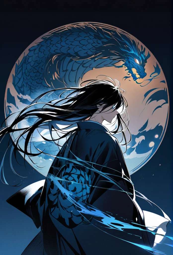 Japanese。male。Sharp Eye。Very long black hair。profile。Plain blue kimono(Dressed in kimono)。A strong wind blows my hair back。Cover your eyes with hair。The background is blue light。Stand up straight。Oriental dragon glowing blue background。thunder。An illustration。picture。