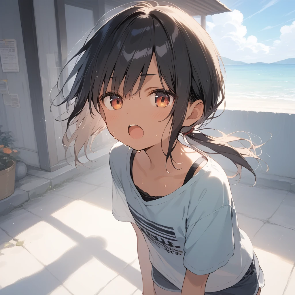 score_9, score_8_up, score_7_up, source_anime, best quality, masterpiece, official art, absurdres, highres, ultra-detailed,waifu2x,Collection: Slice of Life,break,1girl, tomboy, dark-skinned female, short hair, low ponytail, flat chest, beautiful detailed eyes, short shorts, sweat, open mouth, (yawn:0.3), sleepily, outdoors, wind,break,(clear line illustration:1.2), super detailed skin,very high resolution, very aesthetic, Best sexual lighting powered by famous artist, 8k,cute picture,beauty illustration,photoshop_(medium),,(Detailed Lighting),best anime 8k konachan wallpaper, pixiv contest winner,