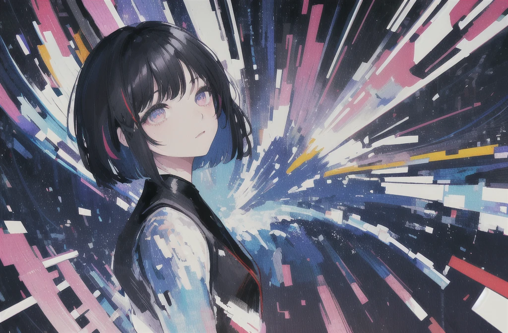 masterpiece, Highest quality, (Alexio:1.5), (Brush strokes, oil \(Moderate\):0.9), Night Sky、nebula、whole body、A girl with a short bob hairstyle, (Monochrome:0.6), Abstract, Abstract background, Black Theme, Backlight, Portraiture, (Blurred:1), (Glitch:1.1), eye