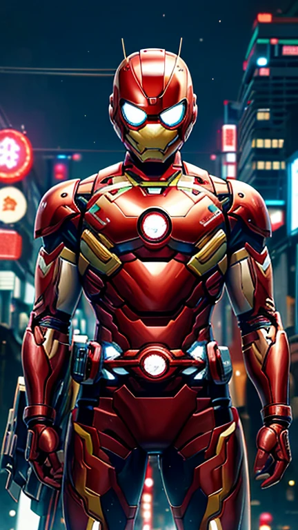 (8k),(masterpiece),(Japanese),(8-year-old boy),((innocent look)),((Childish)),From the front,smile,cute,Innocent,Kind eyes,Flat chest,red helmet, yellow domino mask,white mask, Iron Man, short,Black Hair,Strong wind,night,dark, Neon light cyberpunk city,Kamen rider,camisa