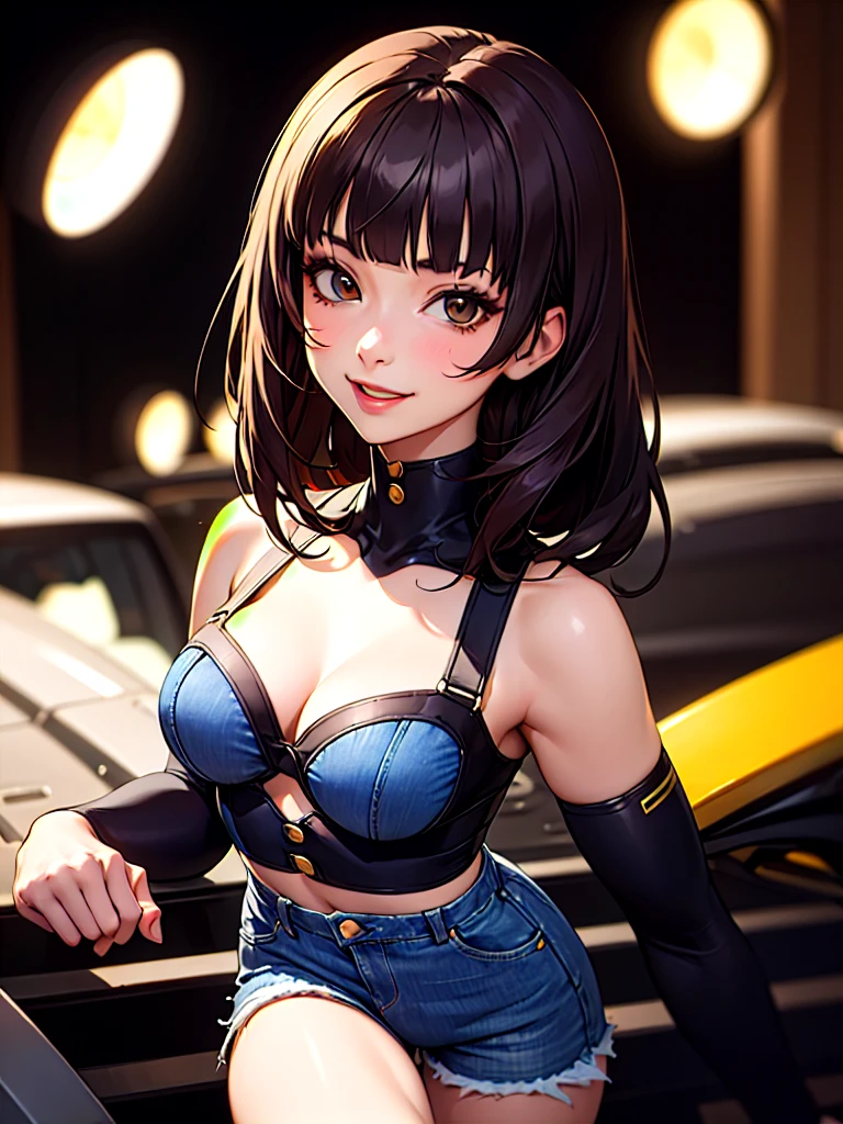 ((Portrait)), She has a Cheerful and Radiant Appearance, with a Youthful Charm, Fair Skin and a Slim Fit Build. She Expresses a Happy and Radiant Look, with Clear Circular Lenses, Giving Off an Energetic Attitude. She has Light Brown Eyes, and Her Hair is Short and Tousled, Jet Black, with Blunt Bangs. She Wears a Bustier Denim Bodysuit, and a Low-Waisted Denim Shorts. ((Portrait, HDR, Dark Background))