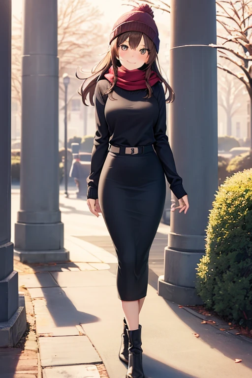 1girl, woman, gray hoodie (cropped), tight midi pencil skirt (black), long length pencil skirt, long brown hair, looking at viewer, full body, smile, blush, boots, garden, fall, leaves, red beanie, scarf