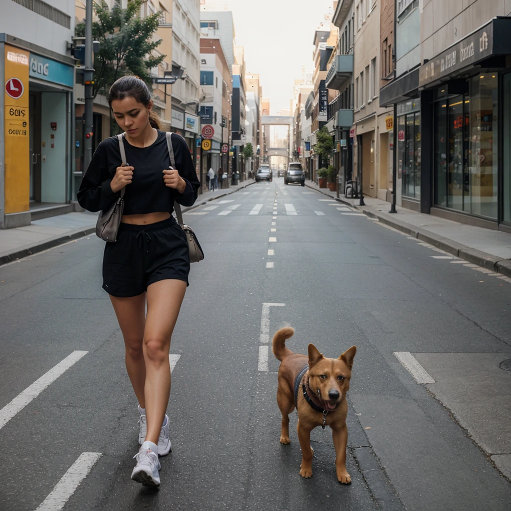 A dog ran along the street with a bag