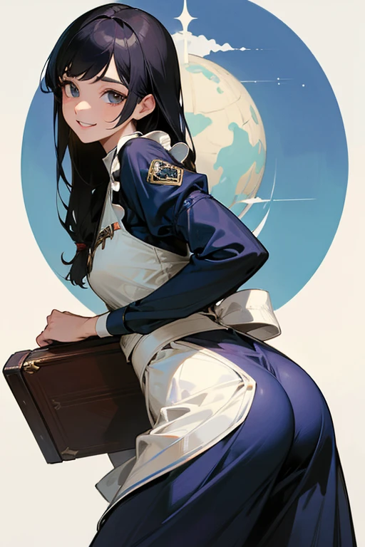 (Highest Resolution, clear_image) Highest quality, single, One Woman, alone, masterpiece, Very detailed, Semi-realistic, Black Hairのショートヘア, Black Hair, bangs, 18-year-old, mature, light blue uniform, uniform, Indoor Background, kind, Authoritative, Powerful, exquisite features, exquisite features、Eyelashes become longer、Showing teeth、smile😀、Maid clothes、reference、Put your hands on your hippie skirt、Upward glance、Boom in the ass、