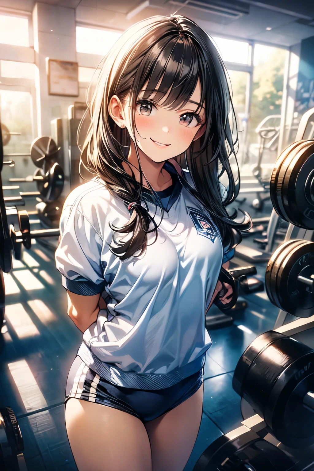 very cute and beautiful girl,(highly detailed beautiful face),(smile),happy,looking at viewer, (japanese ladies gym uniform),(blue bloomers),standing,arms behind back,detailed legs, locker room in training gym,black hair, (best quality,masterpiece),absurdres,highres,ultra-detailed,extremely detailed,32k,8k resolution, intricate details,cinematic scene,detailed background,solo,dynamic angle,