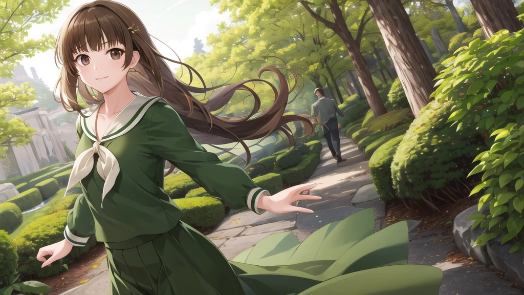 masterpiece, Highest quality, High resolution, aayoshino, , Long Hair, Twin Blade, Brown eyes, Hair that falls over the shoulders, , Sailor collar, neckerchief, Green Shirt, One piece sailor shirt, Long sleeve, Green Skirt, Long skirt, Are standing, Cowboy Shot, Outdoor, Person on the right, Shining Face