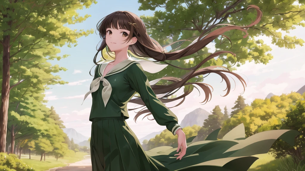 masterpiece, Highest quality, High resolution, aayoshino, , Long Hair, Twin Blade, Brown eyes, Hair that falls over the shoulders, , Sailor collar, neckerchief, Green Shirt, One piece sailor shirt, Long sleeve, Green Skirt, Long skirt, Are standing, Cowboy Shot, Outdoor, Person on the right, Shining Face