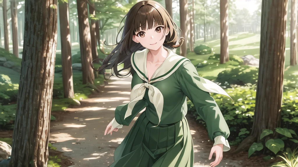 masterpiece, Highest quality, High resolution, aayoshino, , Long Hair, Twin Blade, Brown eyes, Hair that falls over the shoulders, , Sailor collar, neckerchief, Green Shirt, One piece sailor shirt, Long sleeve, Green Skirt, Long skirt, Are standing, Cowboy Shot, Outdoor, Person on the right, Shining Face