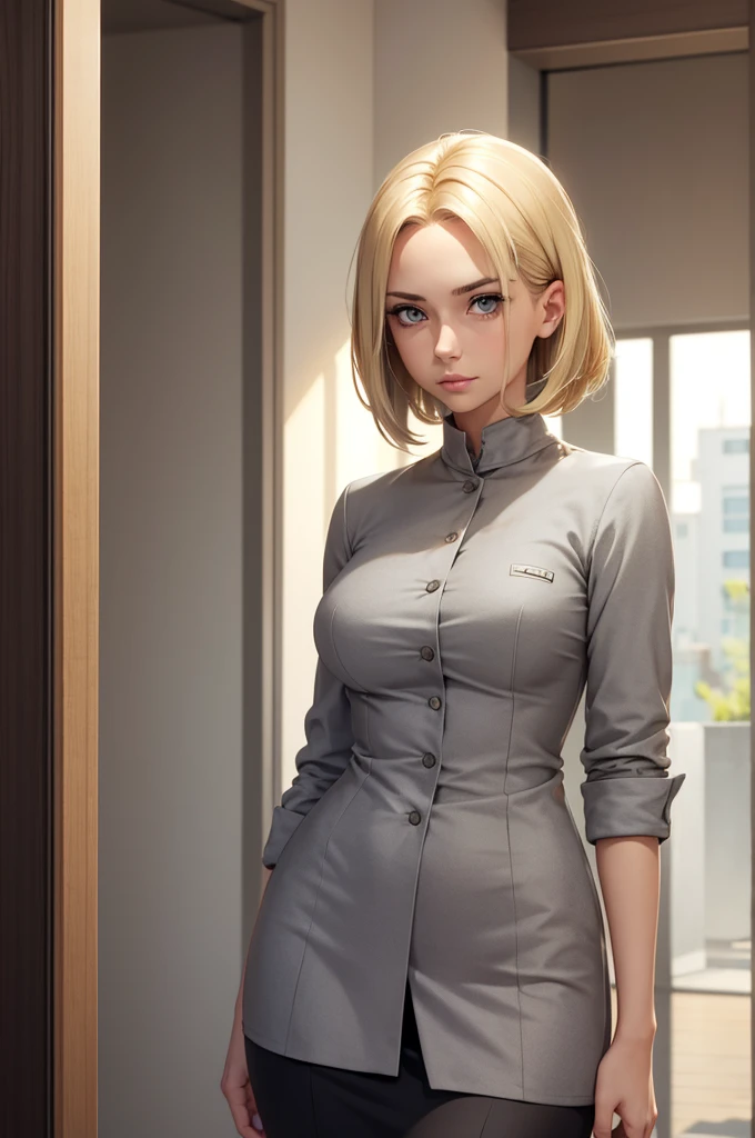 young woman,blonde, grey eyes, medium breasts, medium hips, university uniform, high, European traits, short neck length hair.