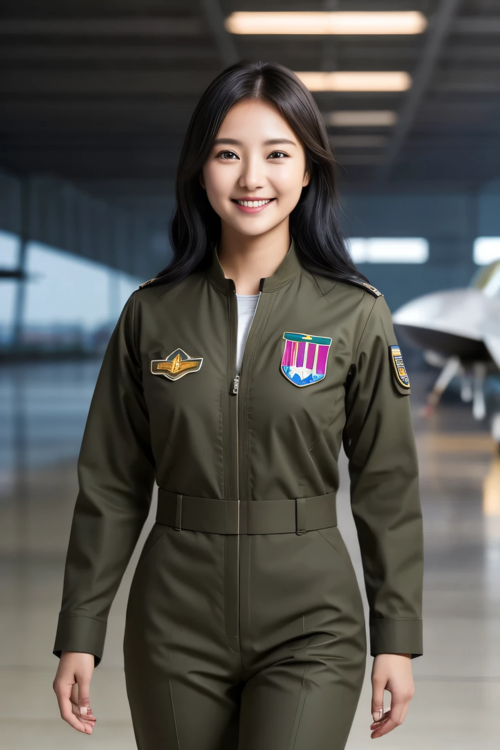 Female pilots in fighter jets、Beauty、Well-formed face、Age 25、Wearing an Air Force uniform、Walking on the runway at the airport、, black hair, straight hair, parted lips, nervous smile, Surrealism, cinematic lighting, tachi-e, first-person view, Nikon, UHD, masterpiece, anatomically correct, textured skin, high quality, award winning, best quality, highres, 8k