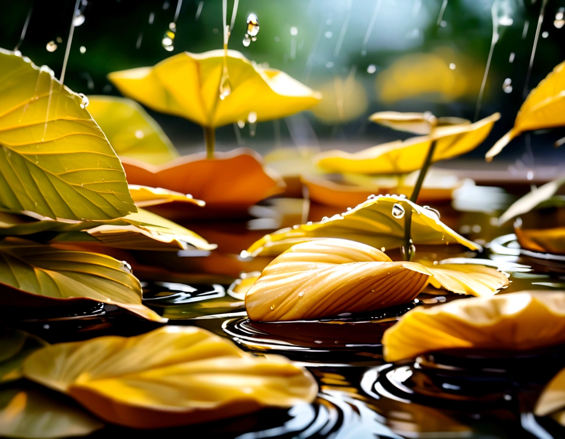 There are yellow leaves, There are water 水drop on it, It rains, Water 水drop, HD macro photography, Macro photography 8k, drop, 水drop, dropる, detailed 水drop, Beautiful macro close-up images, Macro photography, beautiful Macro photography, 4K, Macro photography 25mm