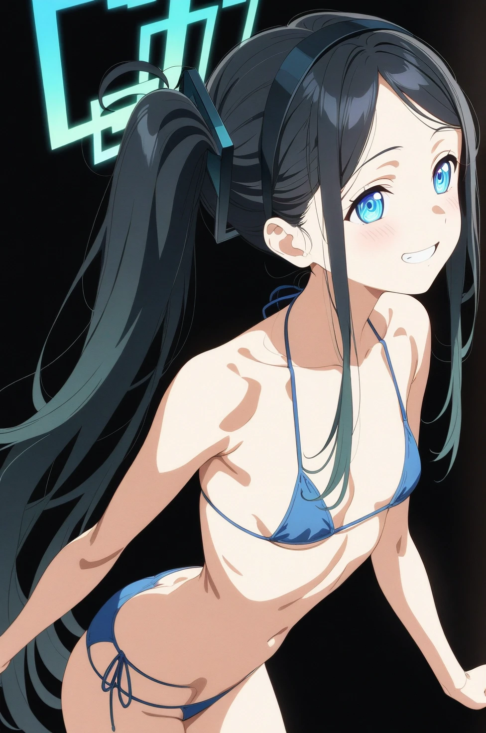best quality, amazing quality, very aesthetic, absurdres, (1girl, aris, blue archive, solo, blue eyes), (realistic face:0.9),(string bikini:1.8), (grin, blush, thigh:1.3), (cowboy shot), (glowing eyes), (half closed eyes:0.9), (ass), (official art:1.3), (pool), expressive eyes, perfect face, extremely detailed eyes, perfect anatomy, smooth skin, (black background:1.5), clear eyes, beautiful face, small breasts, (anime style:1.7), (Warm Light:1.5), (highres:2), (Chiaroscuro),
